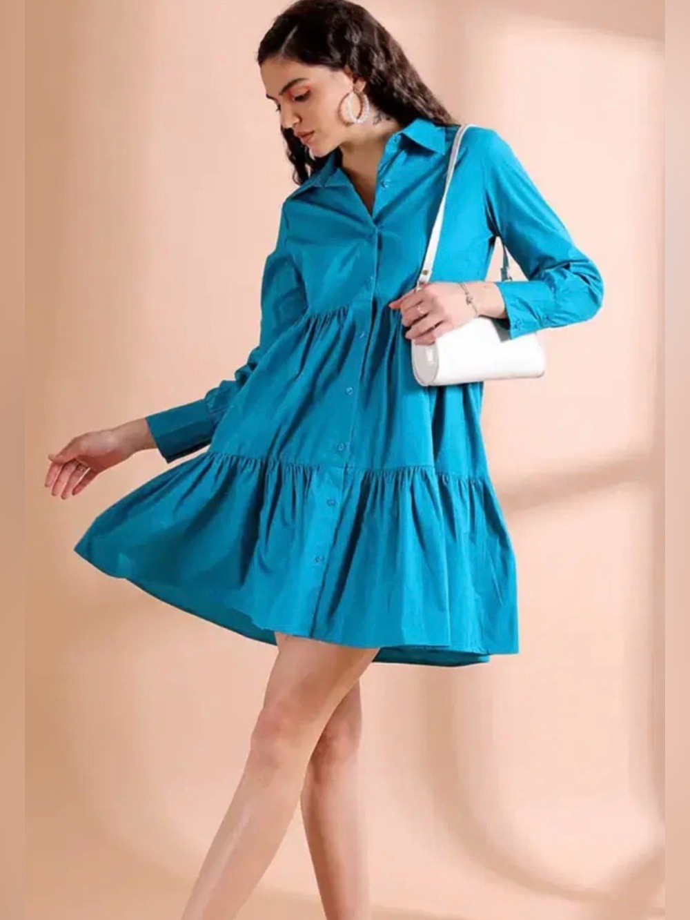New York & Company Turquoise Tiered Button-Front Mini Dress